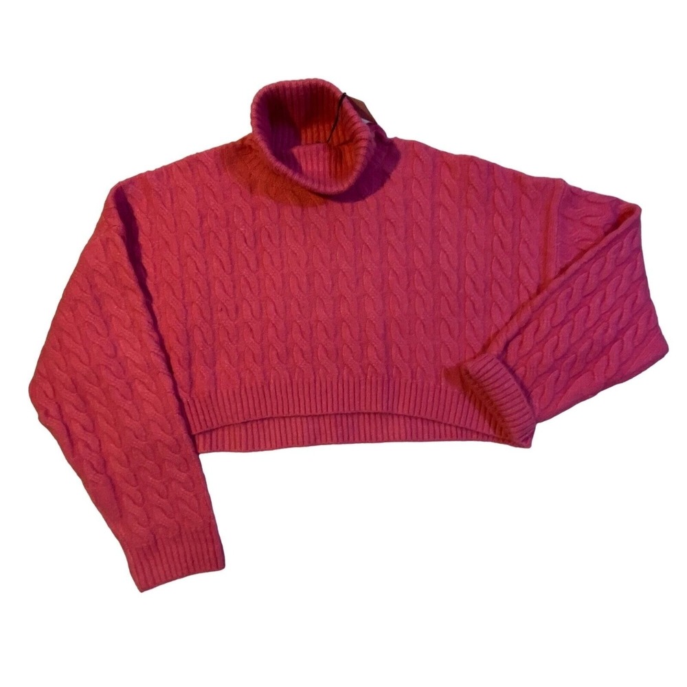 Hot Pink Chunky Cable Knit Cropped Turtleneck Sweater Oversized ‎ S